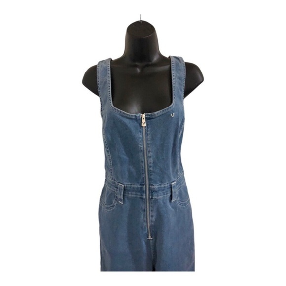 True Religion medium wash zip front stretch denim jeans jumpsuit size large new - Picture 8 of 17